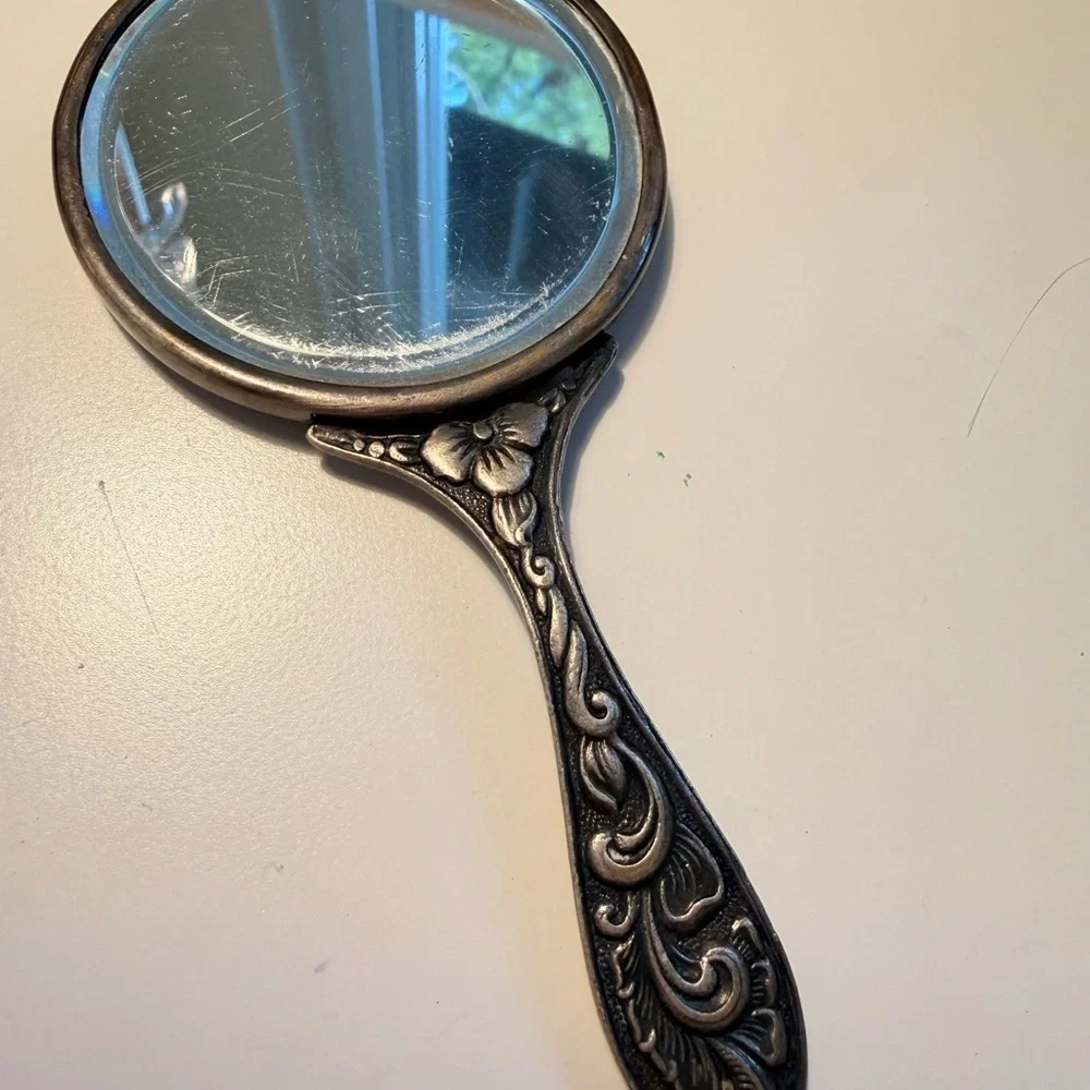 Vintage Silver Tone Hand Mirror Art Nouveau Compact Vanity